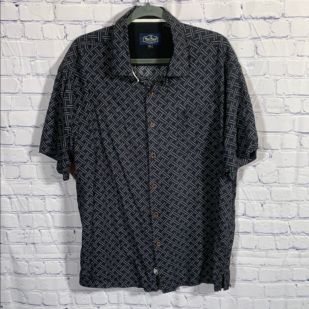 Nat Nast Mens Short Sleeve Silk Blend Button Down Navy Weave Print Size XL